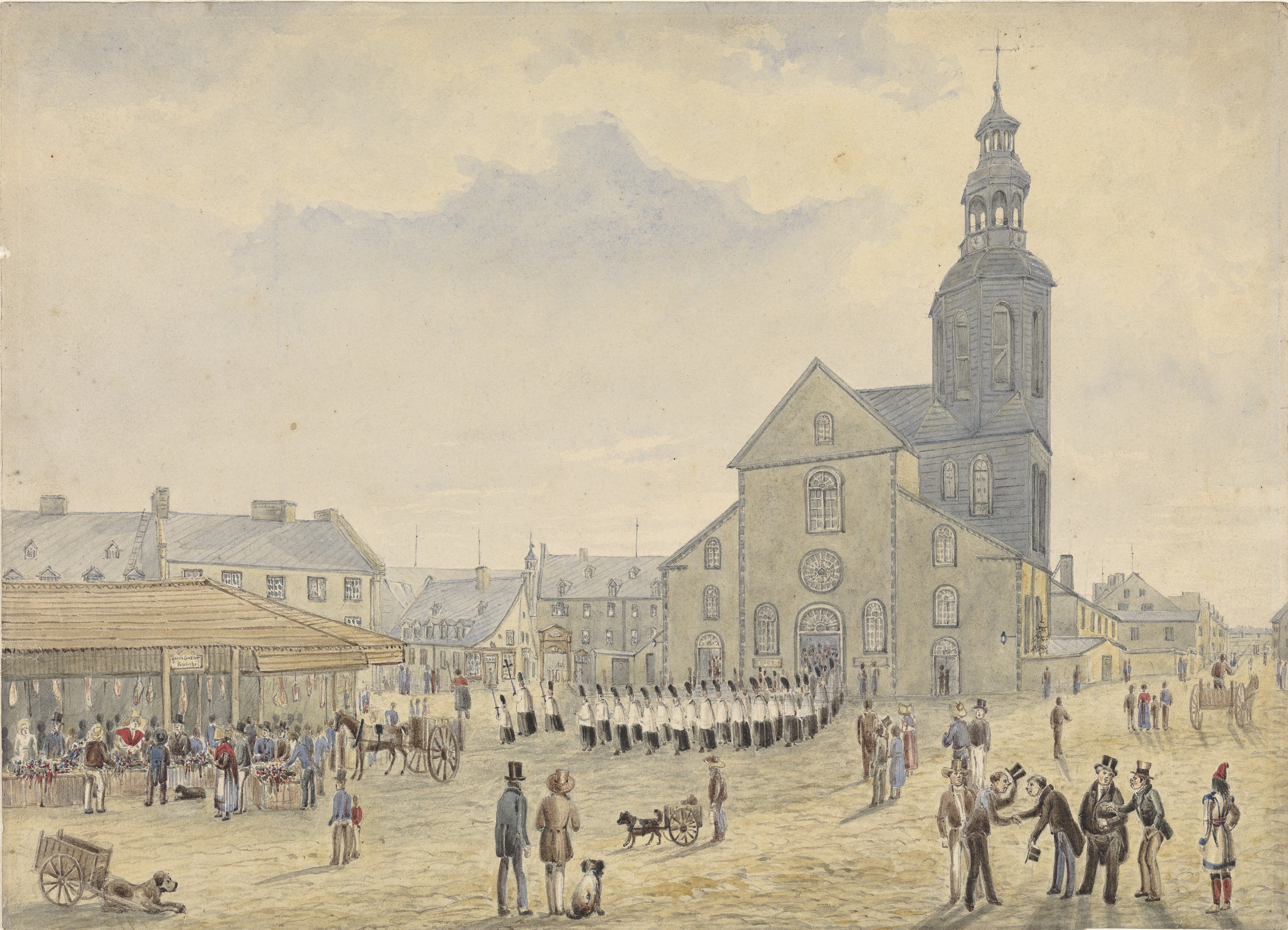 Aquarelle représentant un centre-ville, situé devant un immeuble religieux et animé de multiples groupes de personnes. Sous la main talentueuse de l’artiste James Pattison Cockburn, le centre-ville de Québec du début du 19e siècle prend vie sur papier. Alors qu’une procession religieuse sort de la basilique Notre-Dame, des citoyens font leurs emplettes au marché pendant que des bourgeois se rencontrent tout près pour discuter. La scène se déroule sous le regard d’un Autochtone passant par l’endroit.