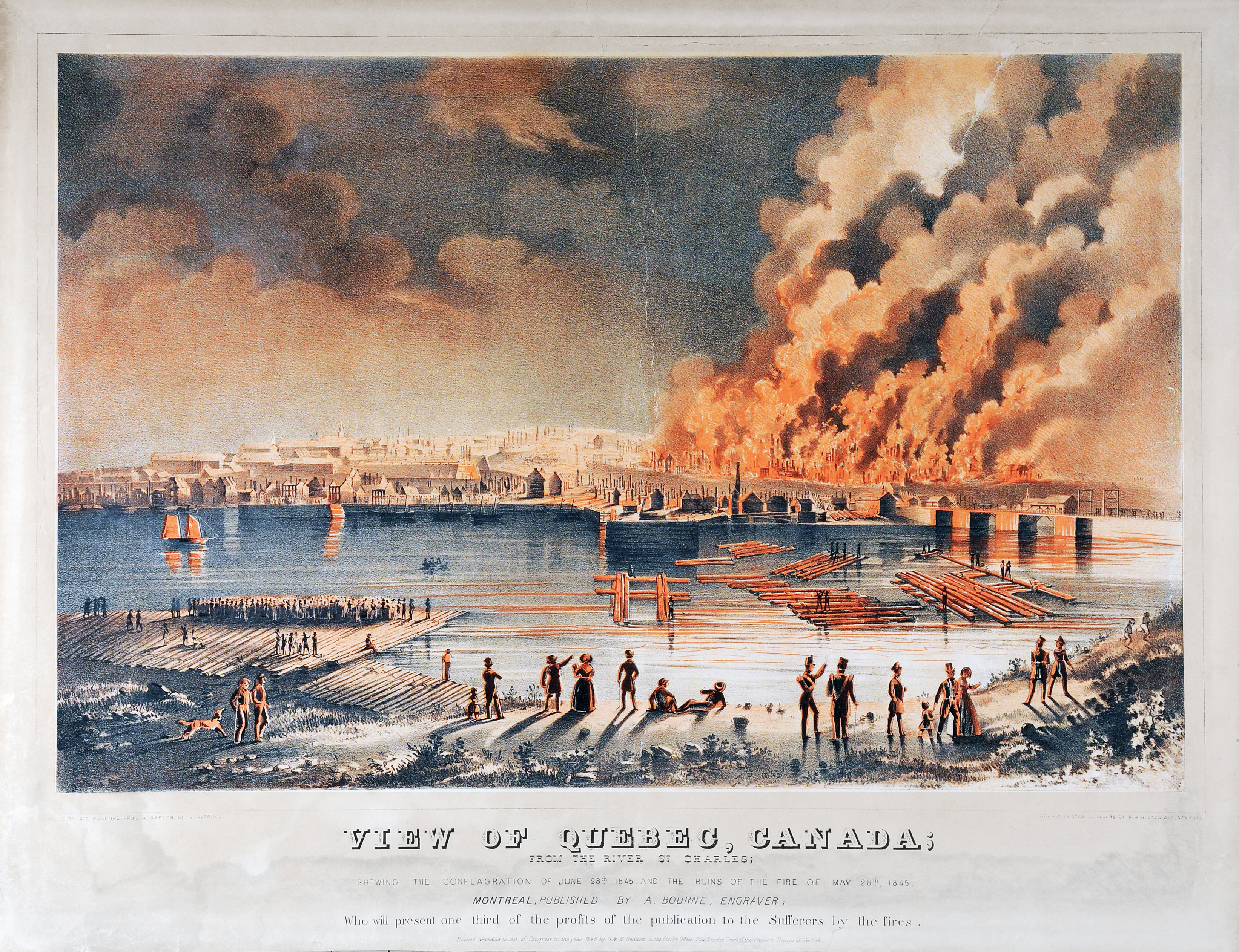 Gravure colorée représentant des gens rassemblés sur la rive d’un cours d’eau et qui regardent une ville brûler sur l’autre rive. Le 28 mai 1845, un incendie ravage le faubourg Saint-Roch à Québec. Dès le 28 juin, un second incendie détruit deux autres faubourgs centraux de la ville. Par la suite, une maison d’édition montréalaise vend des copies de cette affiche à des fins de prévention des incendies. Une note sous l’image indique que le tiers des profits de vente ira aux sinistrés de ces feux.