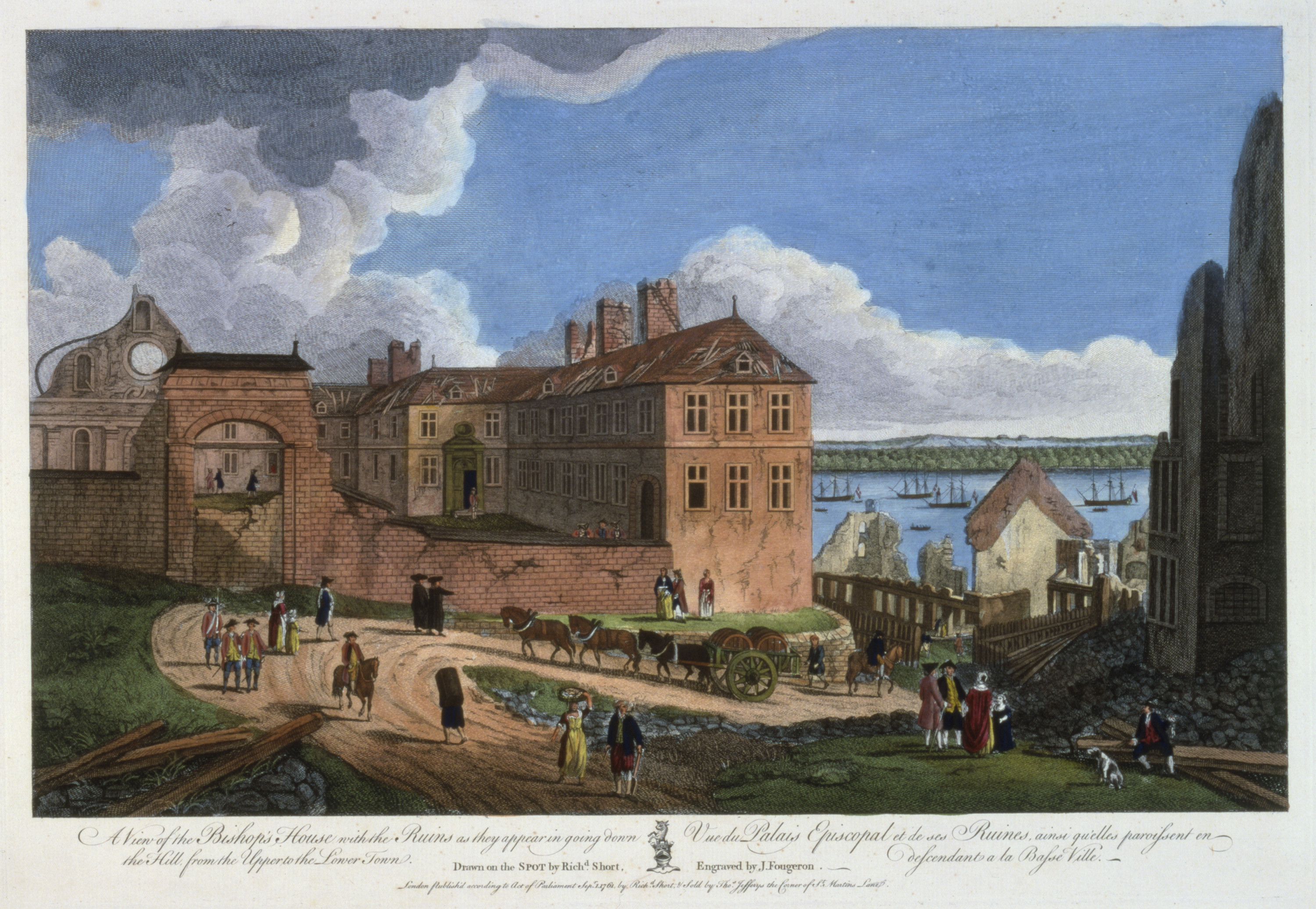 Gravure coloriée représentant une place publique avec des bâtiments en ruines, des personnages et une charrette tirée par des chevaux. Sous le Régime français, le palais épiscopal est la résidence de l’évêque de Québec, plus importante figure d’autorité religieuse dans la colonie. Situé en plein cœur de la ville, le palais est endommagé par les bombardements lors de la guerre de la Conquête. Il apparaît au centre de cette gravure colorée, l’artiste Richard Short, présent sur les lieux en 1760.